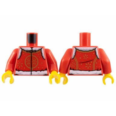 red torso coat white fur lining gold lacing circle design snowflakes and dots pattern red arms yellow hands
