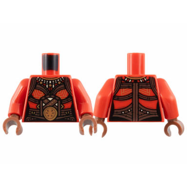 red torso female armor gold mantle and circle dark brown leather work pattern red arms reddish brown hands