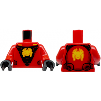 red torso yellow spider on black panel with web dark red side panels pattern miles morales red arms black hands