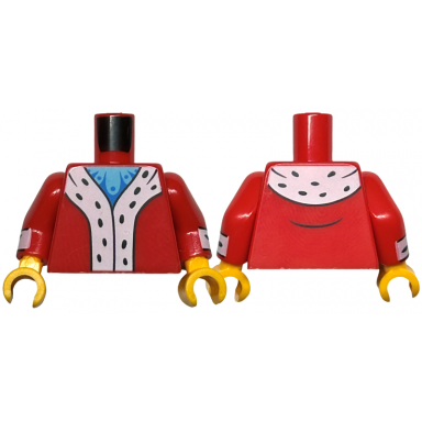 red torso coat with white trim with black spots medium azure and blue shirt pattern red arms with white cuffs and black spots pattern bright light orange hands