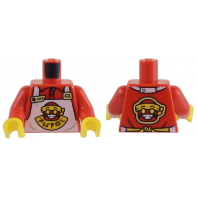 red torso shirt and white apron with red and yellow sushimi chef logo and ninjago logogram sushi pattern red arms yellow hands