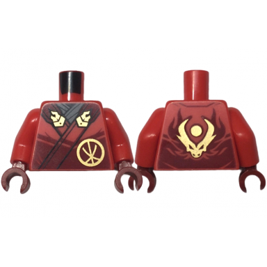 red torso robe dark red straps gold buckles ninjago logogram letter k and dragon head and orb on back pattern red arms dark red hands
