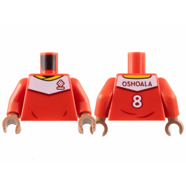 red torso soccer uniform yellow collar white shoulder panel dark red dice logo oshoala 8 on back pattern red arms medium brown hands