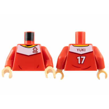 red torso soccer uniform yellow collar white shoulder panel dark red dice logo yuki 17 on back pattern red arms medium tan hands