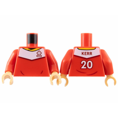 red torso soccer uniform yellow collar white shoulder panel dark red dice logo kerr 20 on back pattern red arms medium tan hands