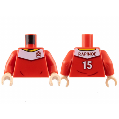 red torso soccer uniform yellow collar white shoulder panel dark red dice logo rapinoe 15 on back pattern red arms light nougat hands
