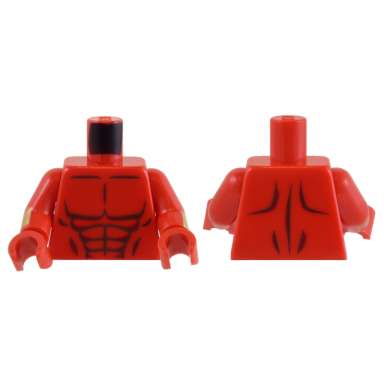 red torso bare chest with pearl dark gray and dark red muscles outline pattern red arms with gold cuffs pattern red hands