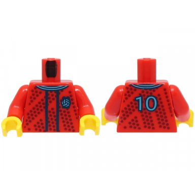 red torso soccer uniform medium azure and dark blue collar dark red dotted stripes soccer ball on brick logo number 10 on back pattern bam red arms yellow hands