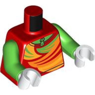 red torso ski top with bright green bright light orange and orange swaths over shirt with zipper pattern bright green arms white hands