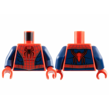 red torso spider-man costume with dark silver webbing black spider with short legs dark blue side panels and waist pattern dark blue arms red hands