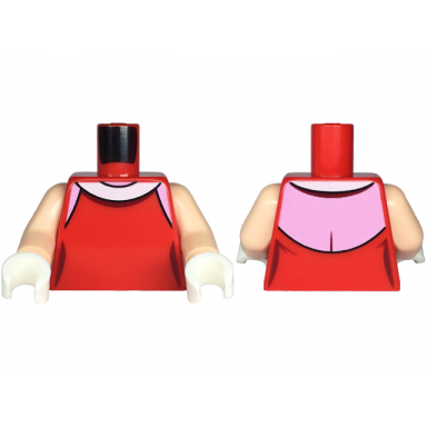 red torso female dress top with white collar over bright pink shoulders neck and back pattern light nougat arms white hands