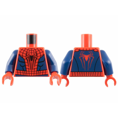 red torso spider-man costume with black webbing spider with long legs dark blue side panels and waist pattern dark blue arms red hands