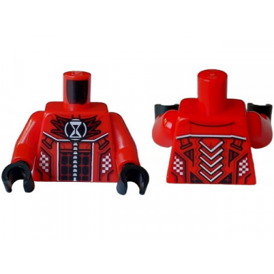 red torso racing suit with dark red panel with black blocks white checkered hourglass on pointed collar pattern red arms black hands