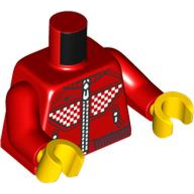 red torso racing jacket black stitching lines and hem white zippers and checkered panels pattern red arms yellow hands