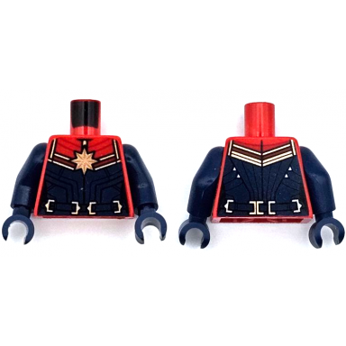 red torso female super hero costume with dark blue armor on abdomen gold trim buckles and star on chest pattern dark blue arms dark blue hands