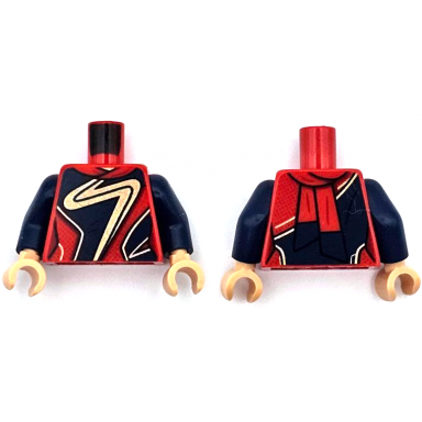 red torso female super hero costume with dark blue panels gold zigzag and trim dark red dots sash ends on back pattern dark blue arms medium tan hands
