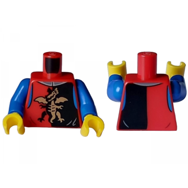 red torso castle vest with black and gold standing dragon dark bluish gray collar with silver edge blue shoulders pattern blue arms yellow hands