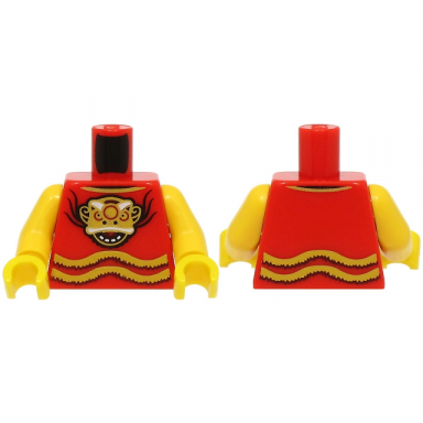 red torso shirt with yellow fringe and dragon head with open mouth and gold mask pattern bam yellow arms yellow hands