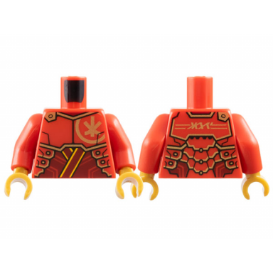 red torso armor plates with gold ninjago logogram k on front and kai on back over dark red tunic with bright light orange trim pattern red arms pearl gold hands