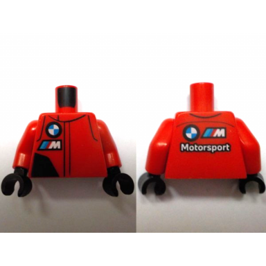 red torso racing suit with black panel bmw motorsport logo white capital letter m with red blue and dark azure diagonal stripes pattern red arms black hands