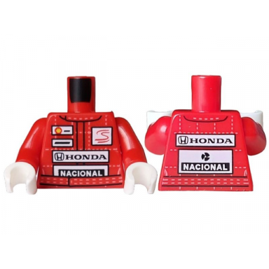 red torso racing suit with white stitching in grid and shell senna honda and nacional logos pattern red arms white hands