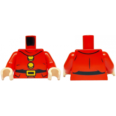 red torso jacket with turtleneck black belt and pockets bright light orange buckle and buttons pattern red arms light nougat hands
