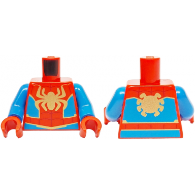 red torso gold spider dark red webbing blue side panels pattern blue arms red hands