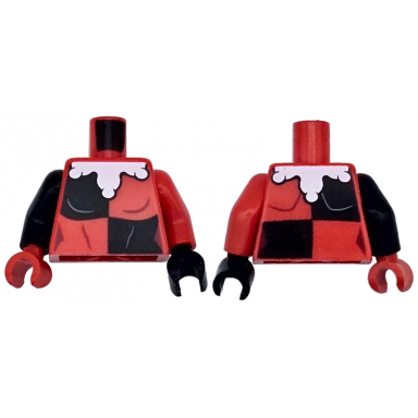 red torso female black quarters white wide jesters collar rounded pattern red arm left black arm right black hand left red hand right