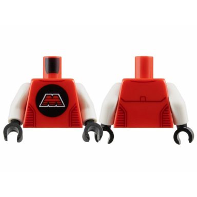 red torso space m:tron logo capital letter m with white border on black circle dark red collar and panel lines pattern white arms black hands