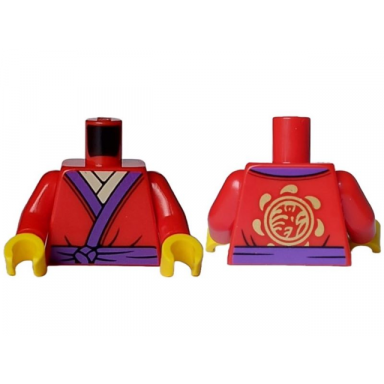 red torso tunic with dark purple hems and belt black trim tan shirt gold circle with ninjago logogram t of s on back pattern red arms yellow hands