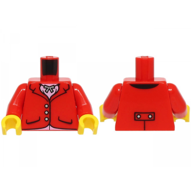 red torso riding jacket with pockets and silver buttons pendant necklace bright pink shirt pattern bam red arms yellow hands