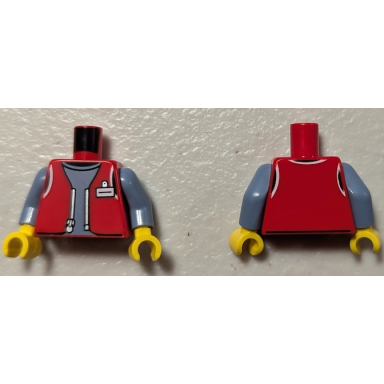 red torso vest open with silver zipper and white id badge over sand blue shirt pattern sand blue arms yellow hands