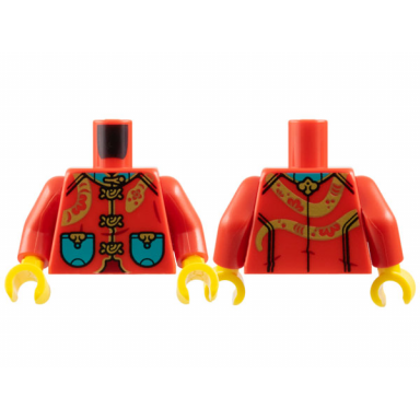 red torso tang jacket dark turquoise collar and pockets gold clasps trim and snake wrapped around pattern red arms yellow hands