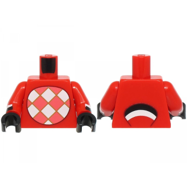red torso with white and coral checkered stomach black and white tail on back pattern red arms with black and white feathers pattern black hands