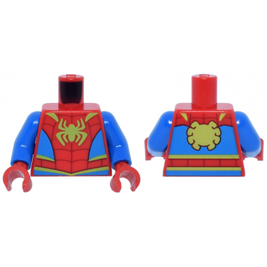 red torso super hero costume with blue panels dark red webbing lime spider and trim pattern blue arms red hands