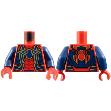 red torso super hero costume with dark blue and gold spider panels metallic light blue trim dark red webbing pattern dark blue arms red hands