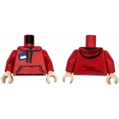 red torso hoodie with drawstrings kangaroo pocket and blue and white name tag pattern red arms light nougat hands