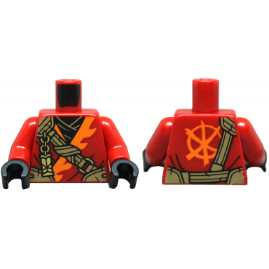 red torso tunic with orange trim black shirt dark tan strap gold clasp and charm with ninjago logogram letter k pattern red arms black hands