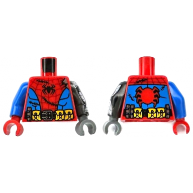 red torso spider-man costume dark red webbing black spider and stitches blue panels utility belt with buckle pouches and grenades pattern pearl dark gray arm left with armor and grenades pattern blue arm right dark bluish gray hand left red hand right