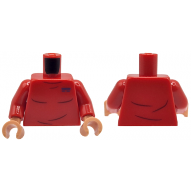 red torso crew neck shirt with dark red creases and blue name tag pattern red arms nougat hands