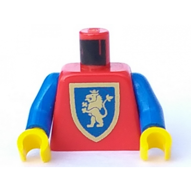 red torso castle crusaders gold lion shield pattern blue arms yellow hands