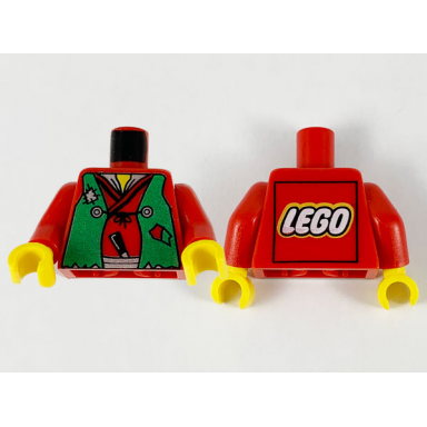 red torso castle ninja vest green tattered pattern robber - lego logo on back red arms yellow hands