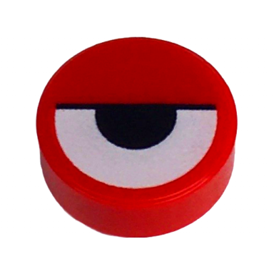red tile round 1 x 1 with white eye partially closed with black half circle pupil and line pattern