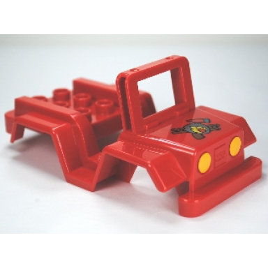 red duplo car body jeep with headlights and fire logo pattern