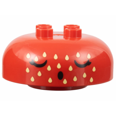 red duplo brick round 4 x 4 dome top with 2 x 2 studs with black closed eyes and mouth bright light yellow strawberry seeds pattern