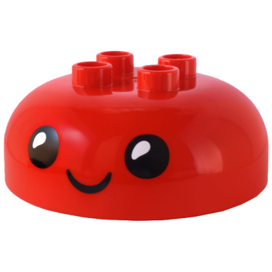 red duplo brick round 4 x 4 dome top with 2 x 2 studs with black eyes white pupils and closed mouth smile pattern