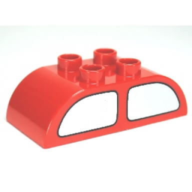red duplo brick 2 x 4 slope curved double with silver vehicle windows pattern on both sides