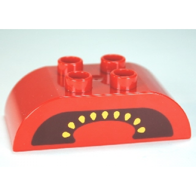 red duplo brick 2 x 4 slope curved double with yellow seeds on dark red background cut tomato pattern