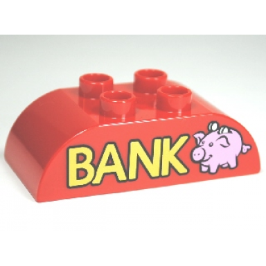 red duplo brick 2 x 4 slope curved double with gold bank and bright pink piggy bank pattern