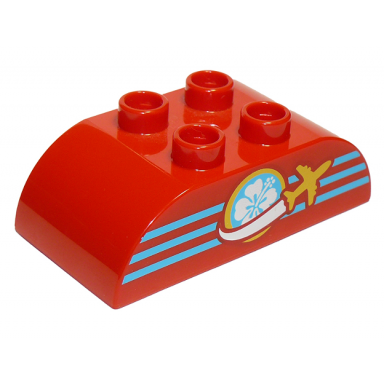 red duplo brick 2 x 4 slope curved double with yellow airplane medium azure stripes and white flower pattern